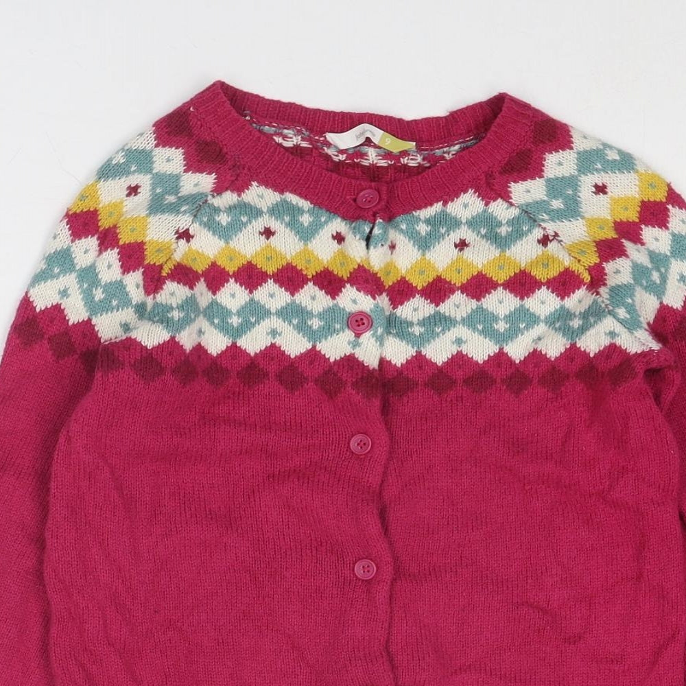 John Lewis Girls Pink Round Neck Geometric Cotton Cardigan Jumper Size 9 Years Button