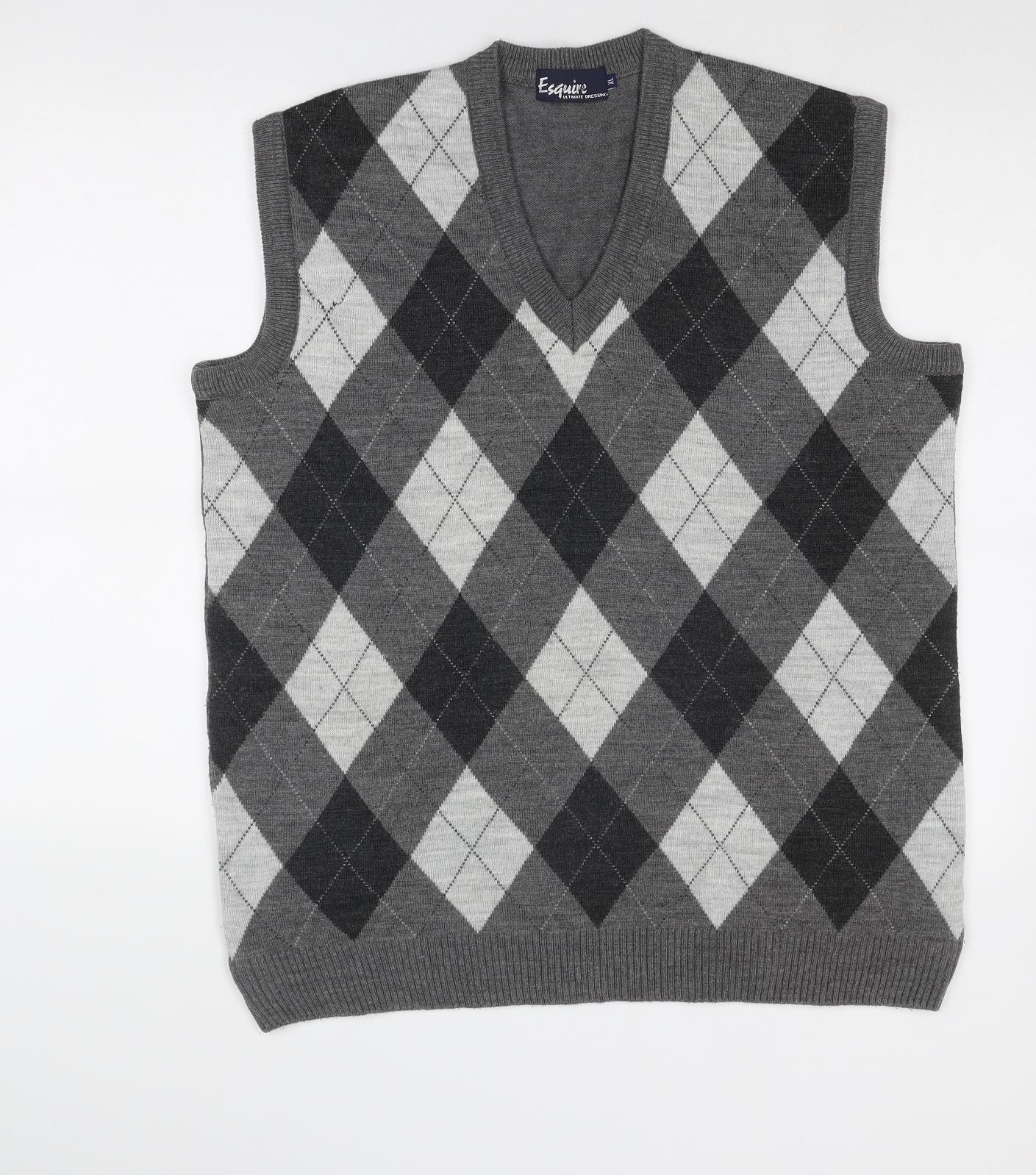 Esquire Mens Grey V-Neck Argyle/Diamond Acrylic Vest Jumper Size XL Sleeveless