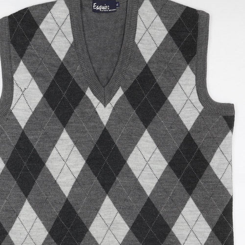 Esquire Mens Grey V-Neck Argyle/Diamond Acrylic Vest Jumper Size XL Sleeveless