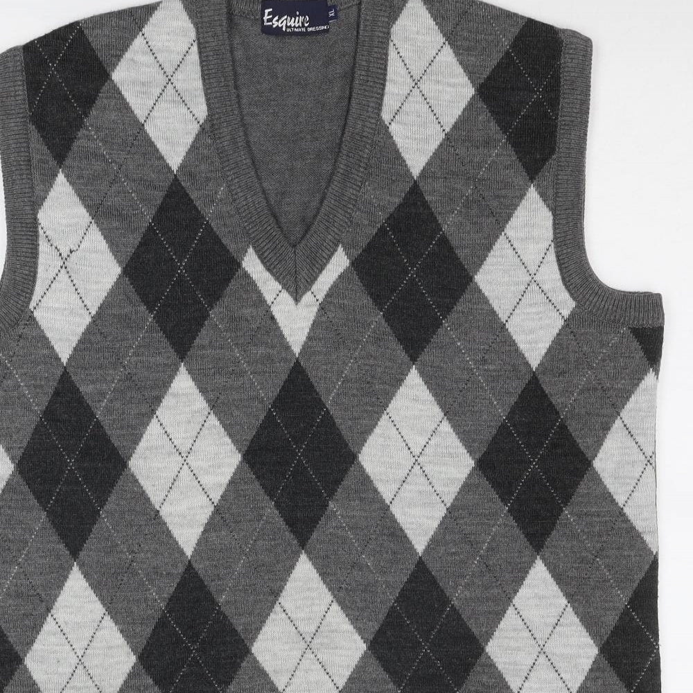 Esquire Mens Grey V-Neck Argyle/Diamond Acrylic Vest Jumper Size XL Sleeveless