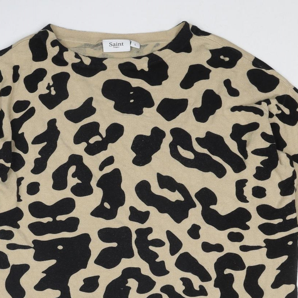 Saint Tropez Clothing Womens Beige Boat Neck Animal Print Viscose Pullover Jumper Size L