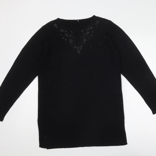 Marks and Spencer Womens Black Boat Neck Acrylic Pullover Jumper Size 10 - Embellished