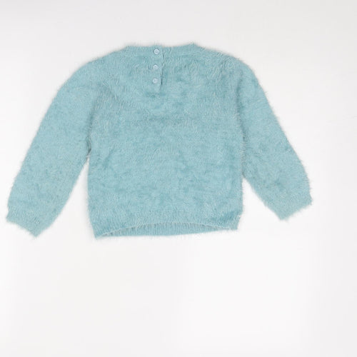 Marks and Spencer Girls Blue Round Neck Polyacrylate Fibre Pullover Jumper Size 4-5 Years Button - Elephant