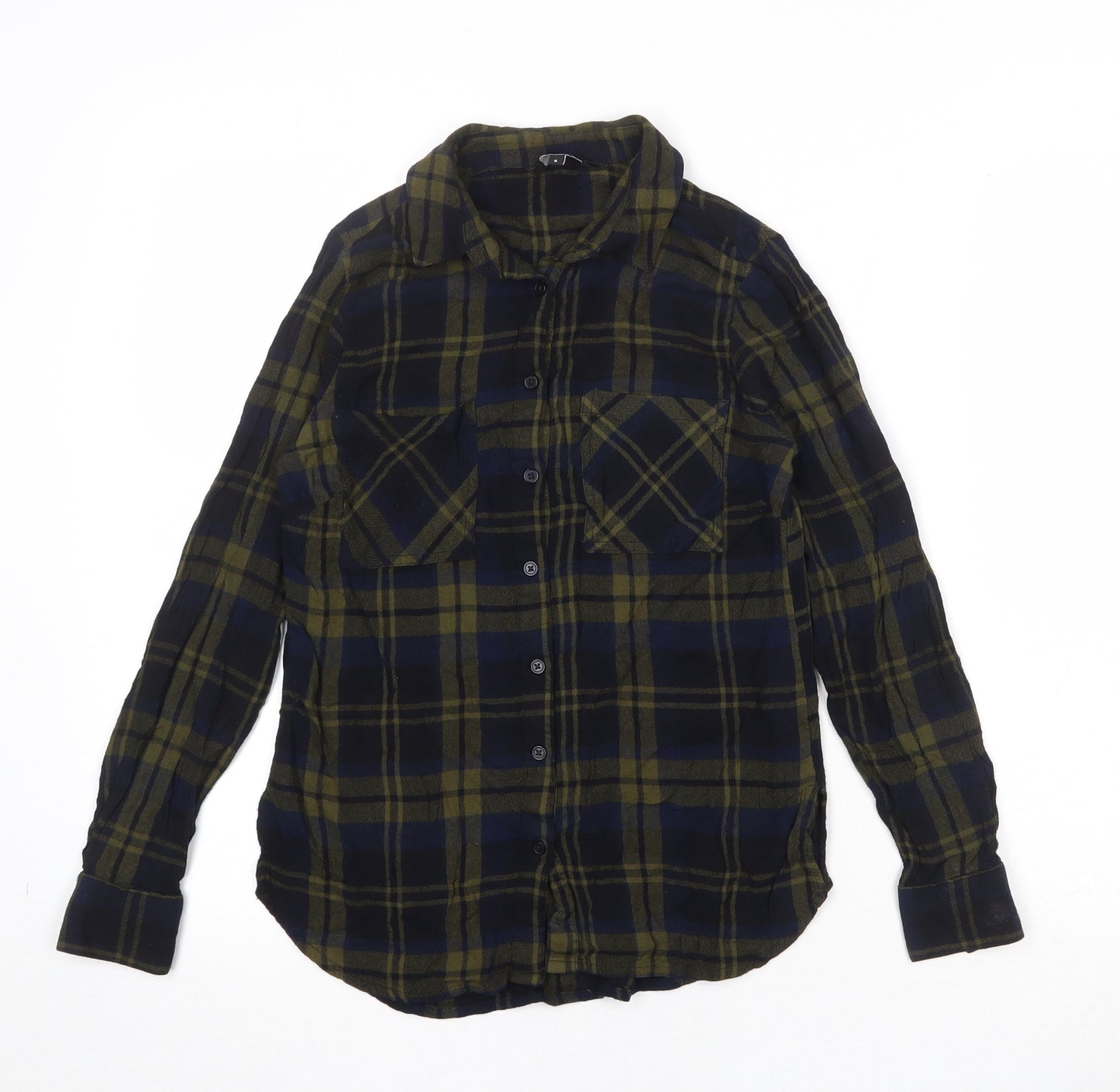 New Look Womens Green Plaid Viscose Basic Button-Up Size 8 Collared