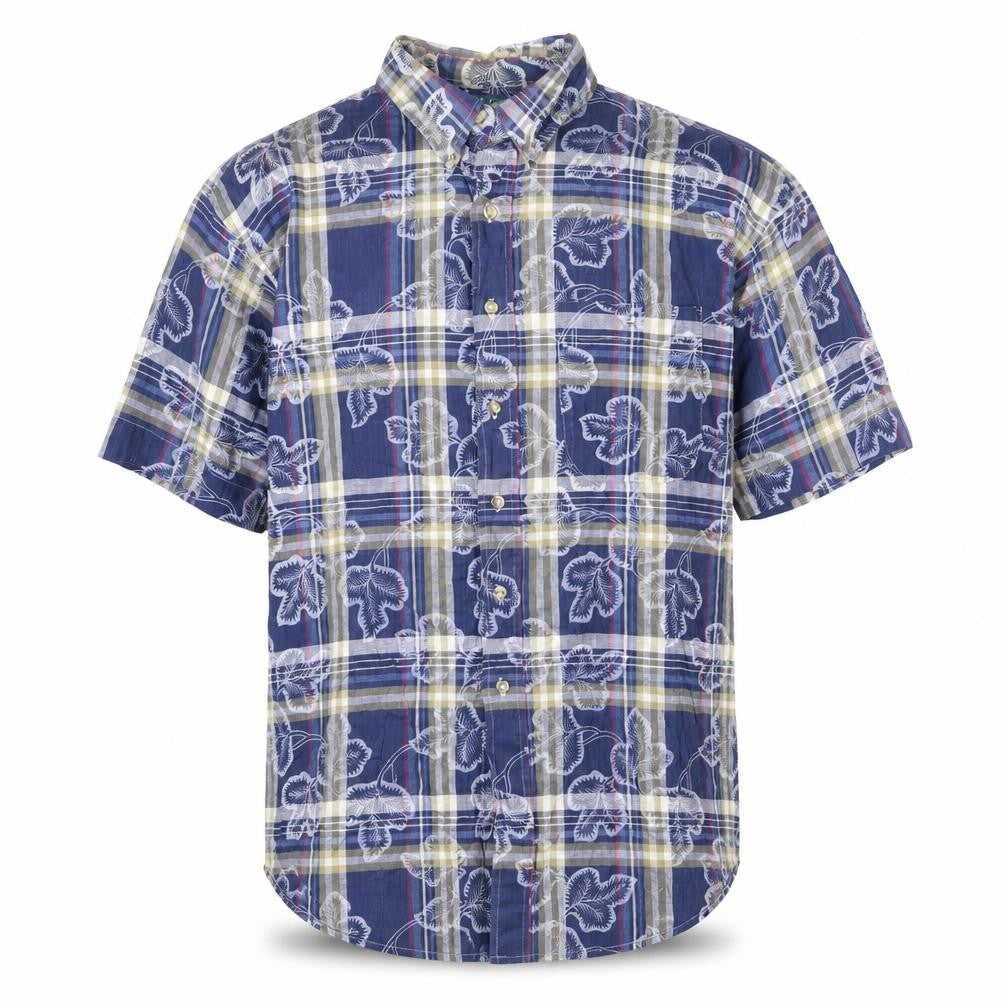 Front view of Loafers men’s blue plaid cotton button-up, size L, collared button