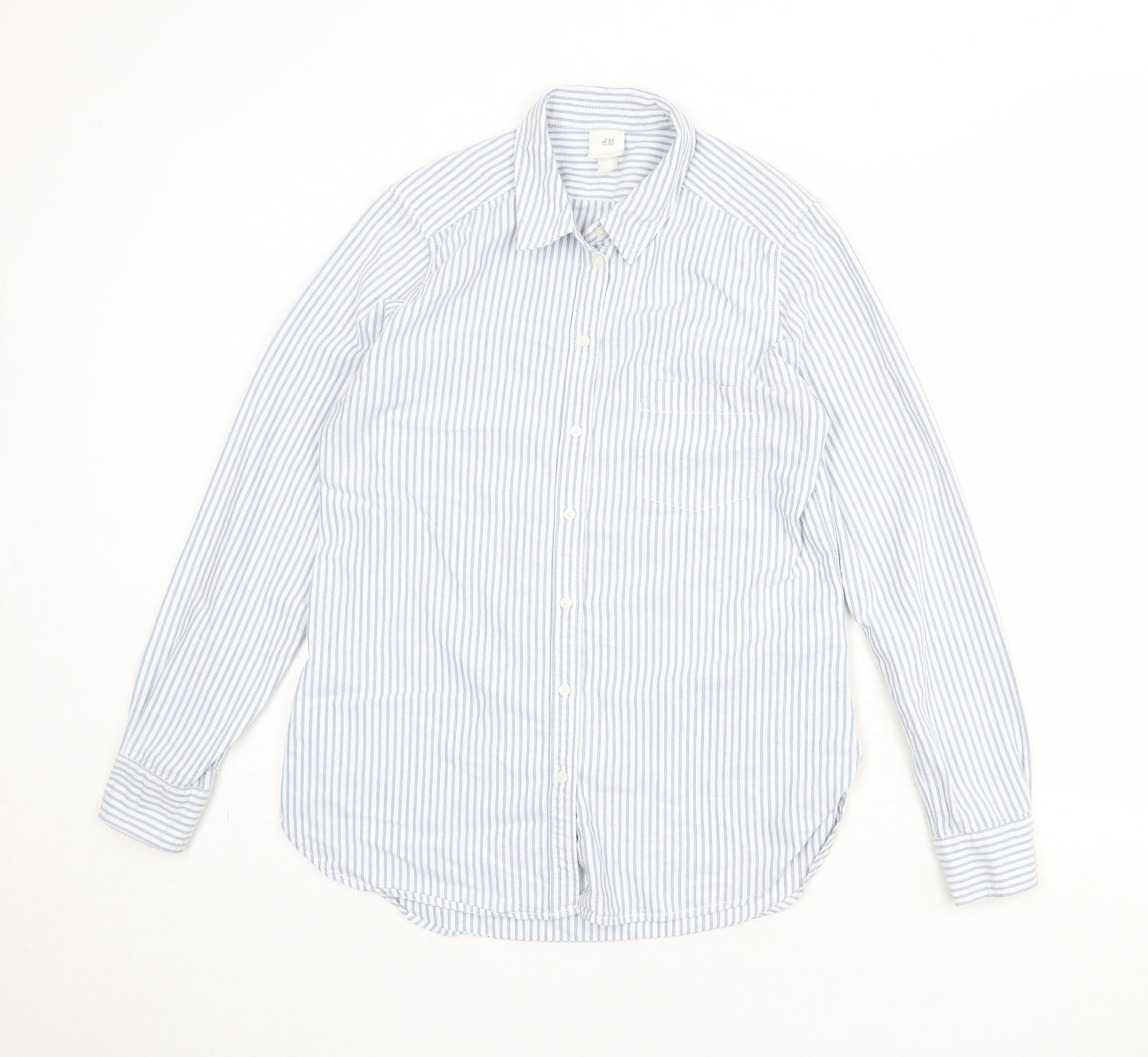H&M Womens Blue Striped Cotton Basic Button-Up Size 10 Collared