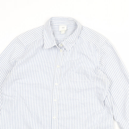 H&M Womens Blue Striped Cotton Basic Button-Up Size 10 Collared