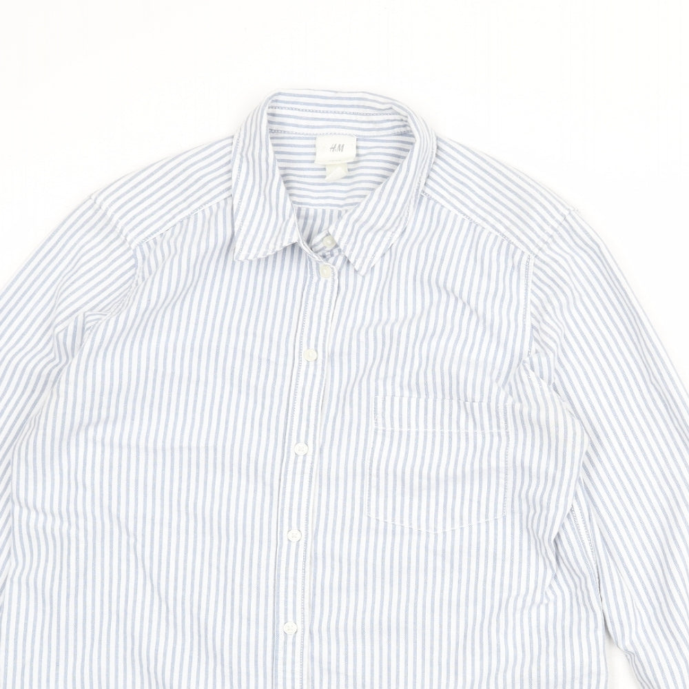H&M Womens Blue Striped Cotton Basic Button-Up Size 10 Collared