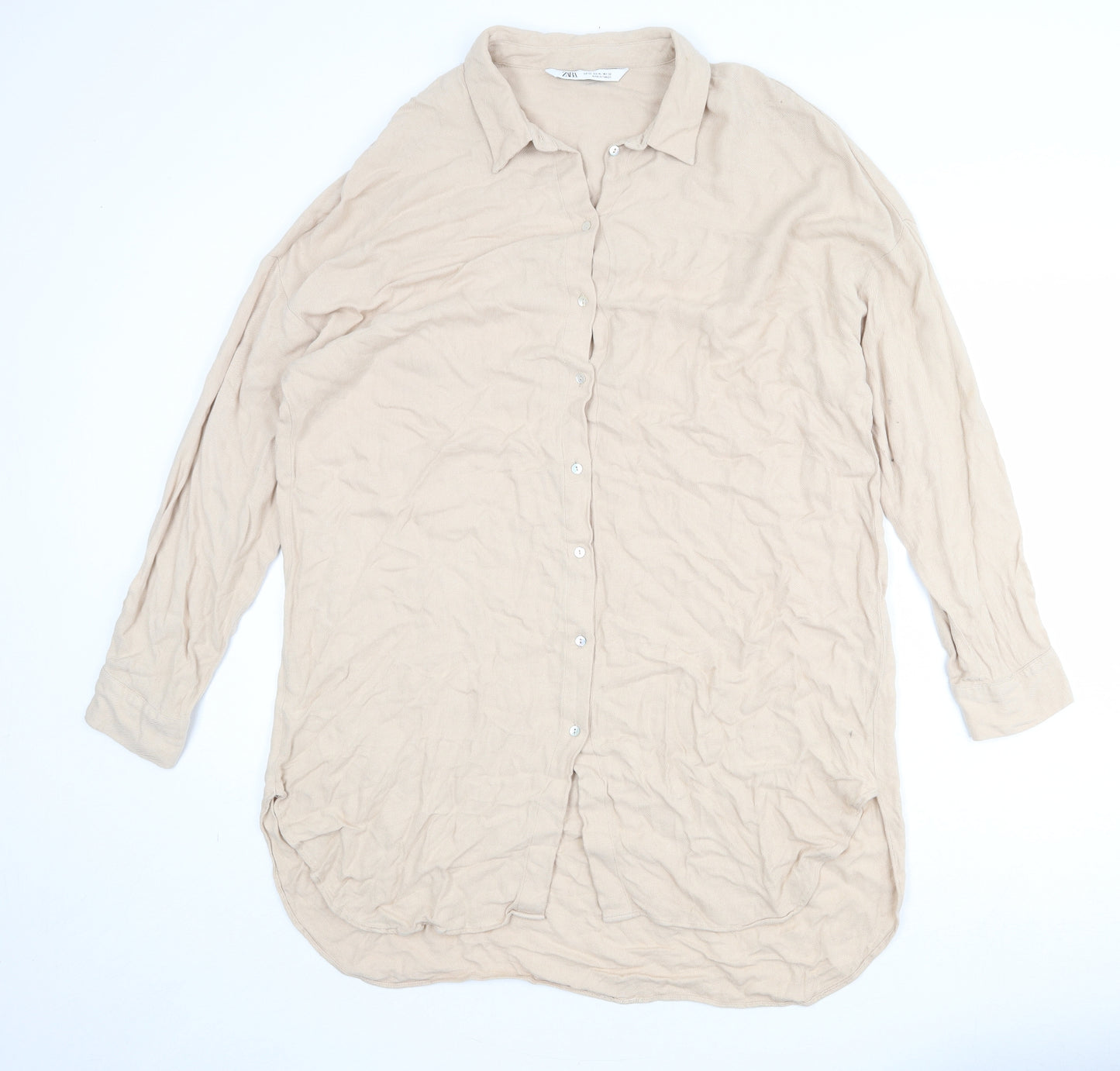 Zara Womens Beige Viscose Shirt Dress Size L Collared Button