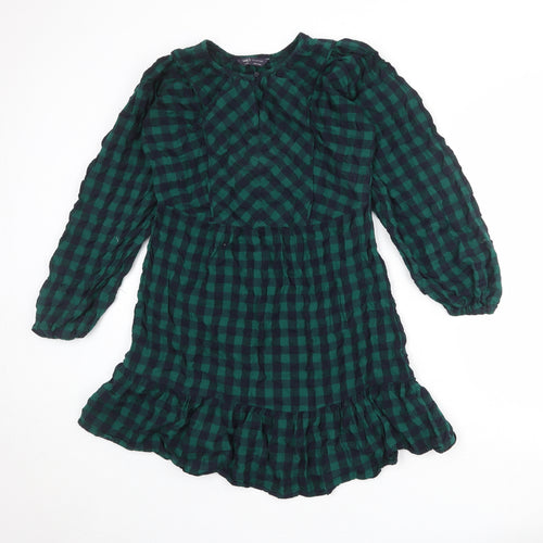 Marks and Spencer Womens Green Check 100% Cotton A-Line Size 8 Round Neck Button