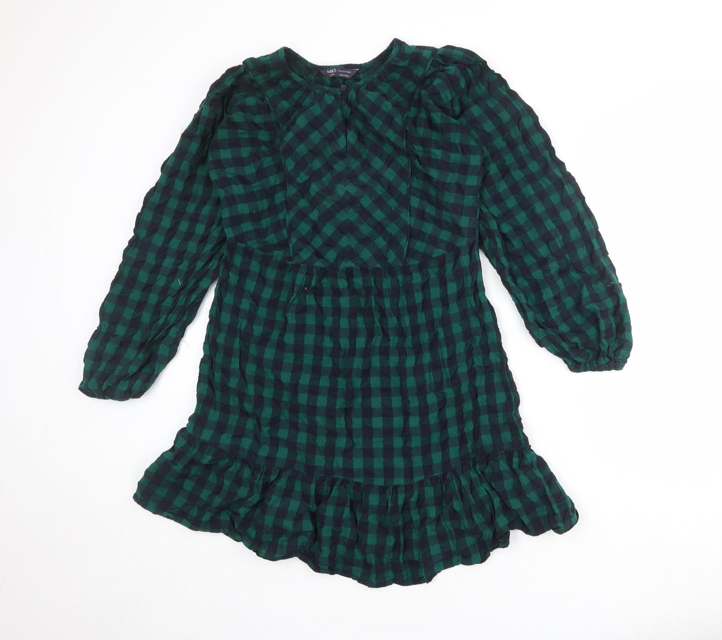 Marks and Spencer Womens Green Check 100% Cotton A-Line Size 8 Round Neck Button