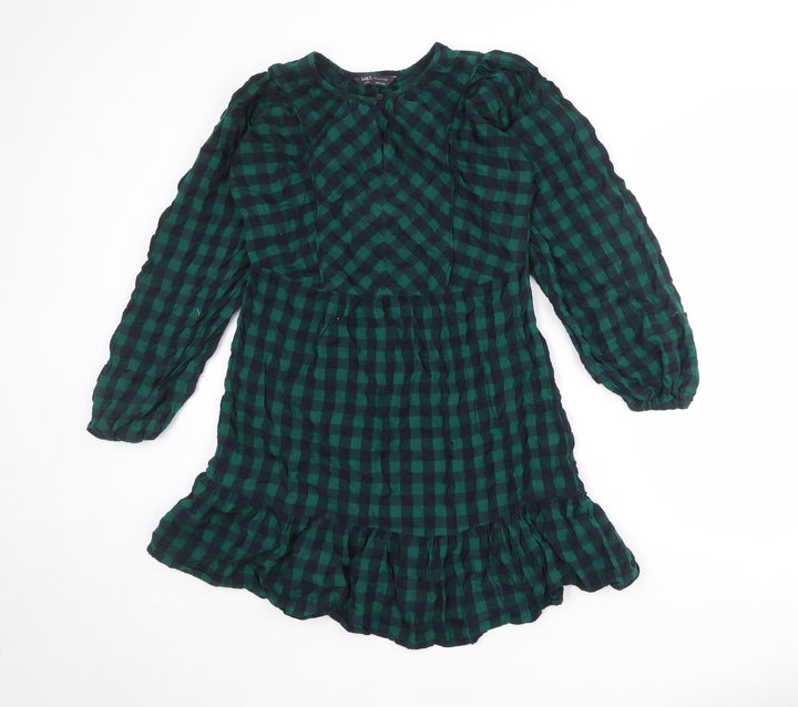 Marks and Spencer Womens Green Check 100% Cotton A-Line Size 8 Round Neck Button