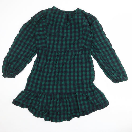 Marks and Spencer Womens Green Check 100% Cotton A-Line Size 8 Round Neck Button