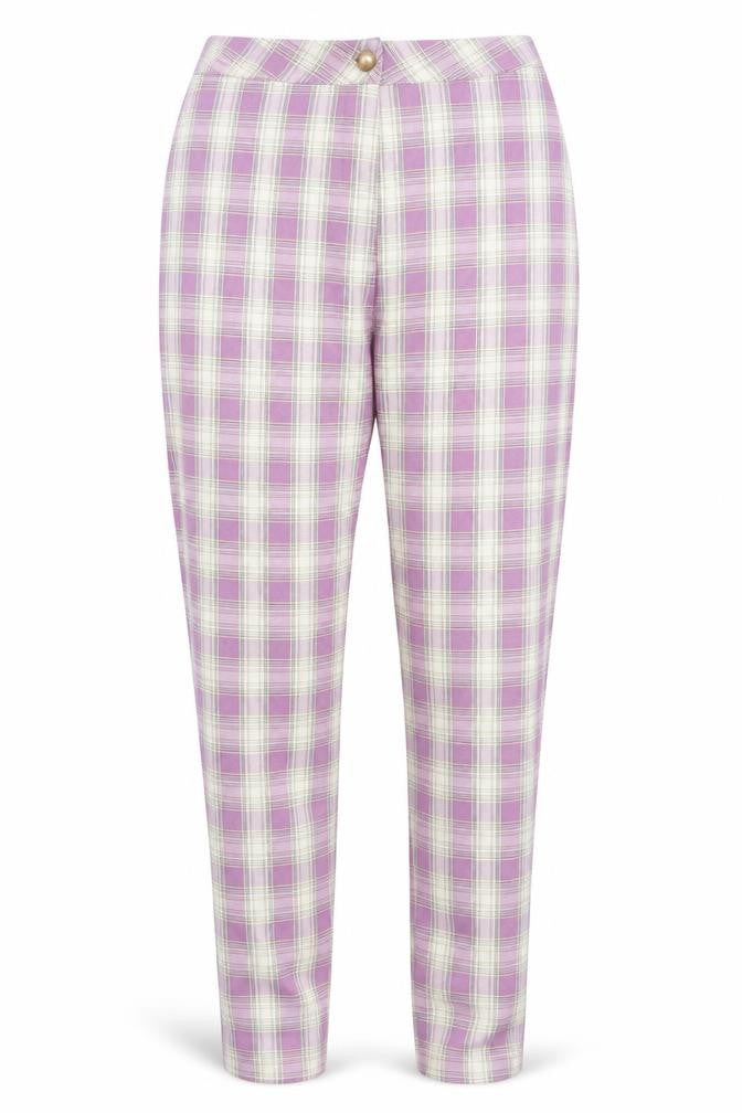 Front view of Urban Threads women’s purple plaid polyester carrot trousers, size UK 8, regular zip