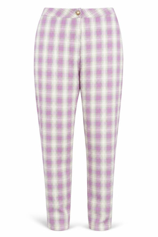 Front view of Urban Threads women’s purple plaid polyester carrot trousers, size UK 8, regular zip