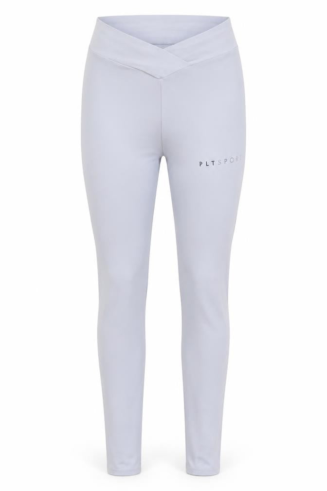 Front view of PRETTYLITTLETHING women’s blue polyester compression leggings, size UK 8, regular