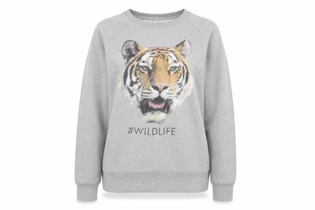 Front view of Earth Positive women’s grey 100% cotton pullover sweatshirt, size M, pullover - #wildlife tiger