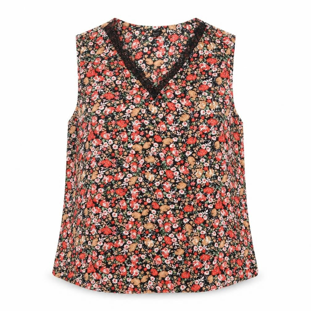 Front view of Emery Rose women’s multicoloured floral polyester basic tank, size XL, v-neck