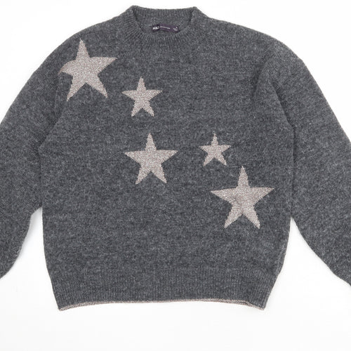 Marks and Spencer Womens Grey Round Neck Geometric Polyester Pullover Jumper Size M - Stars