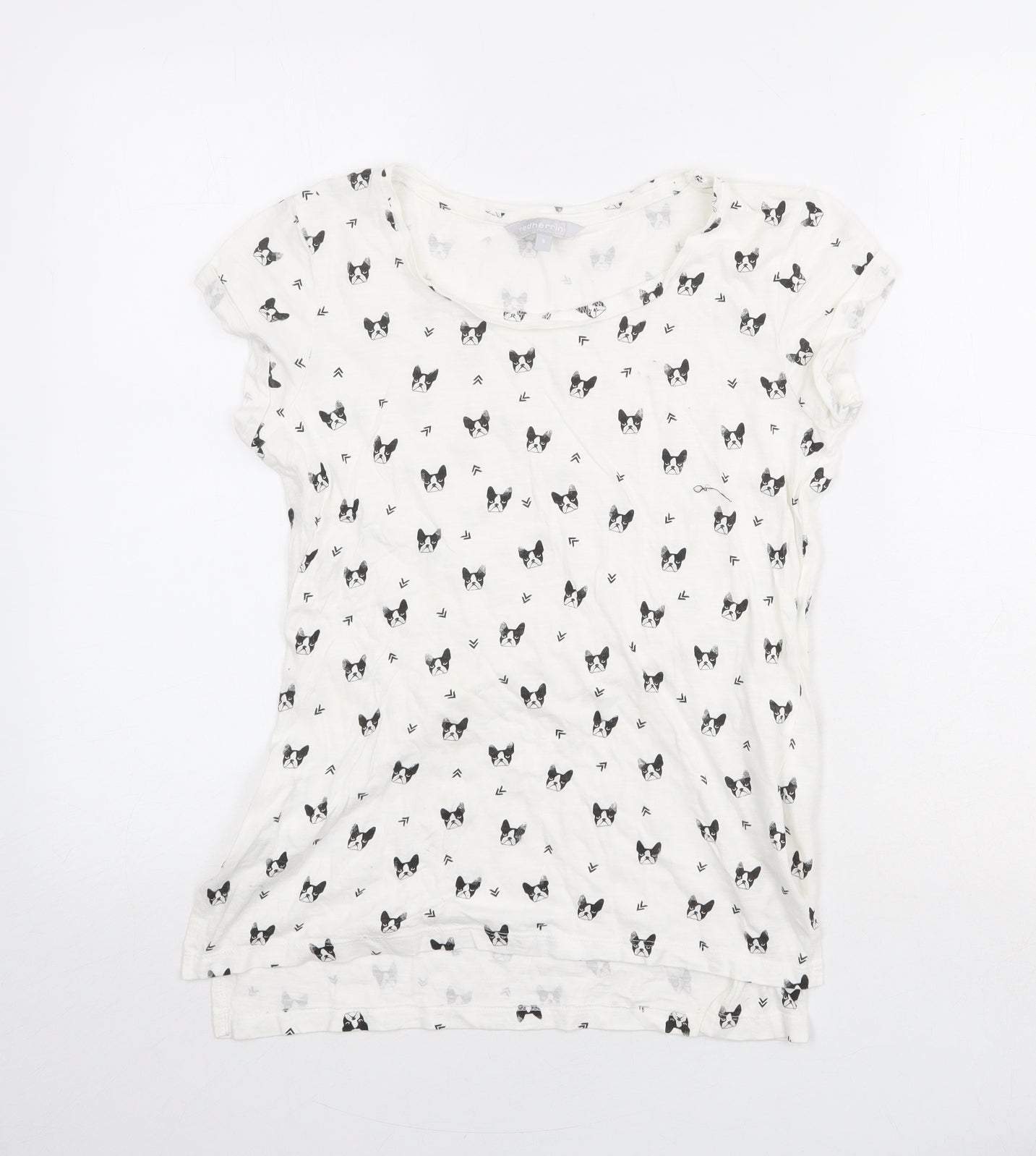 Red Herring Womens White Geometric 100% Cotton Basic T-Shirt Size 8 Round Neck - Dog