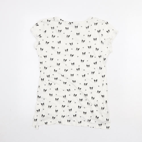 Red Herring Womens White Geometric 100% Cotton Basic T-Shirt Size 8 Round Neck - Dog