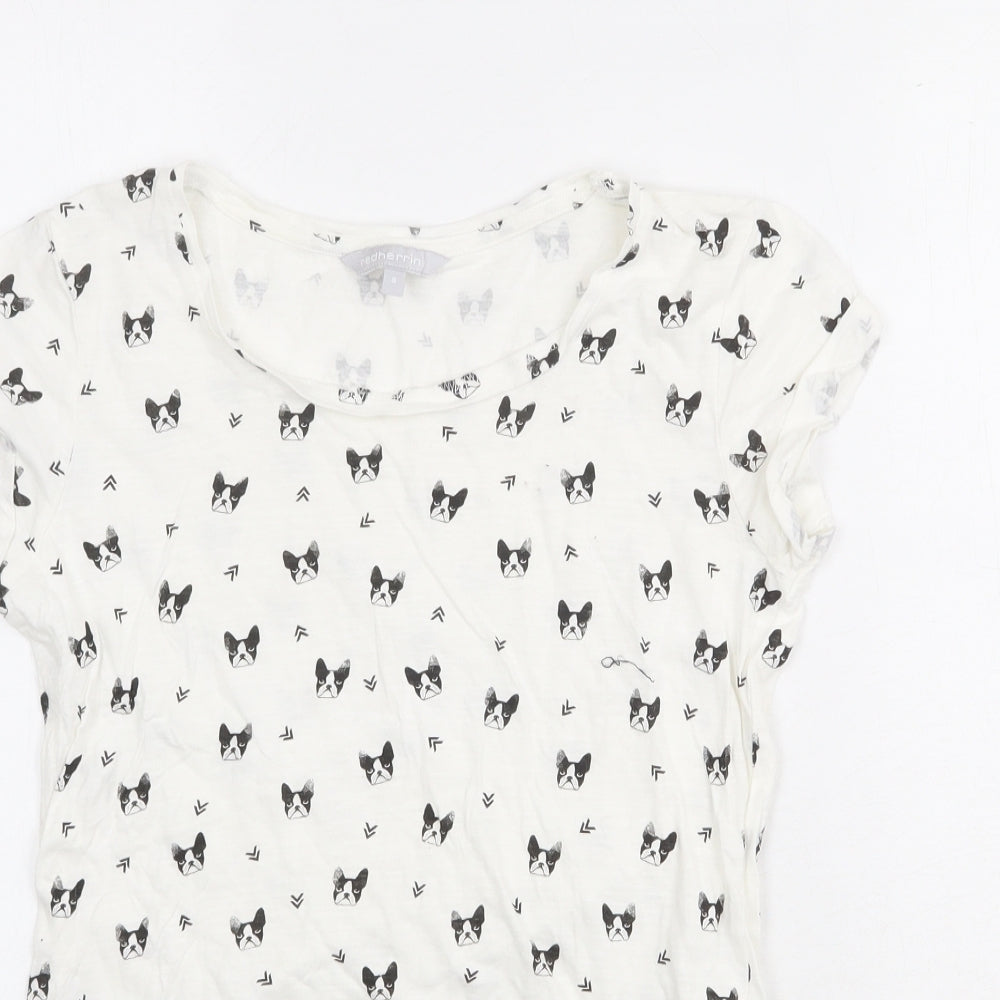 Red Herring Womens White Geometric 100% Cotton Basic T-Shirt Size 8 Round Neck - Dog