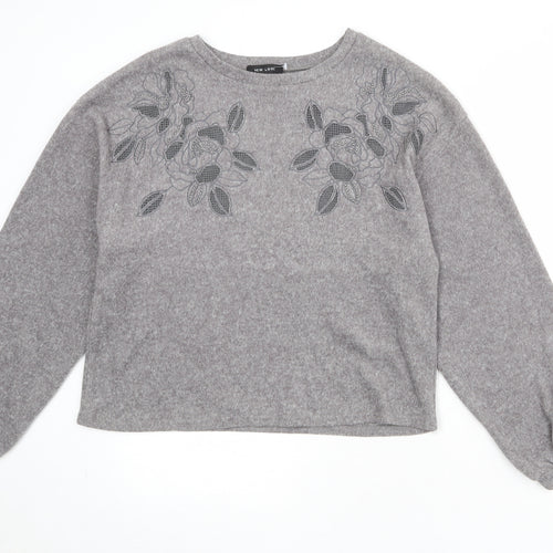 New Look Womens Grey Polyester Pullover Sweatshirt Size S Pullover - Flower Detail