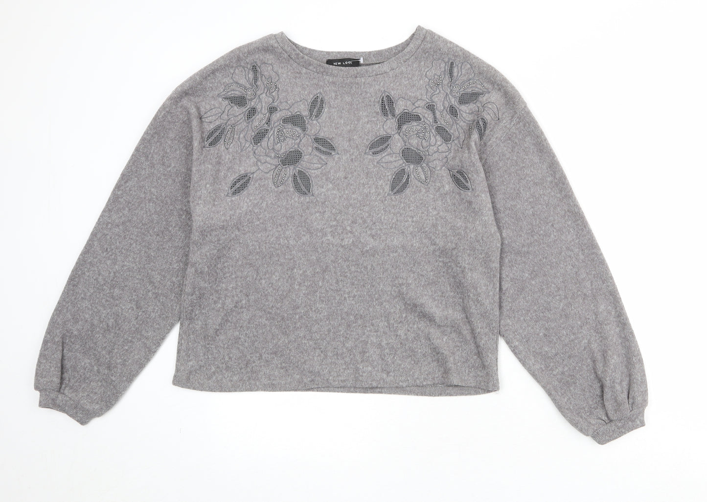 New Look Womens Grey Polyester Pullover Sweatshirt Size S Pullover - Flower Detail