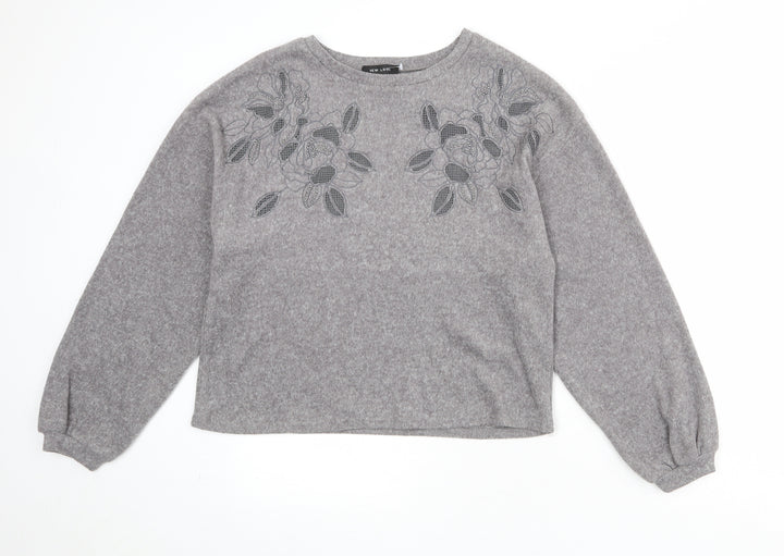 New Look Womens Grey Polyester Pullover Sweatshirt Size S Pullover - Flower Detail