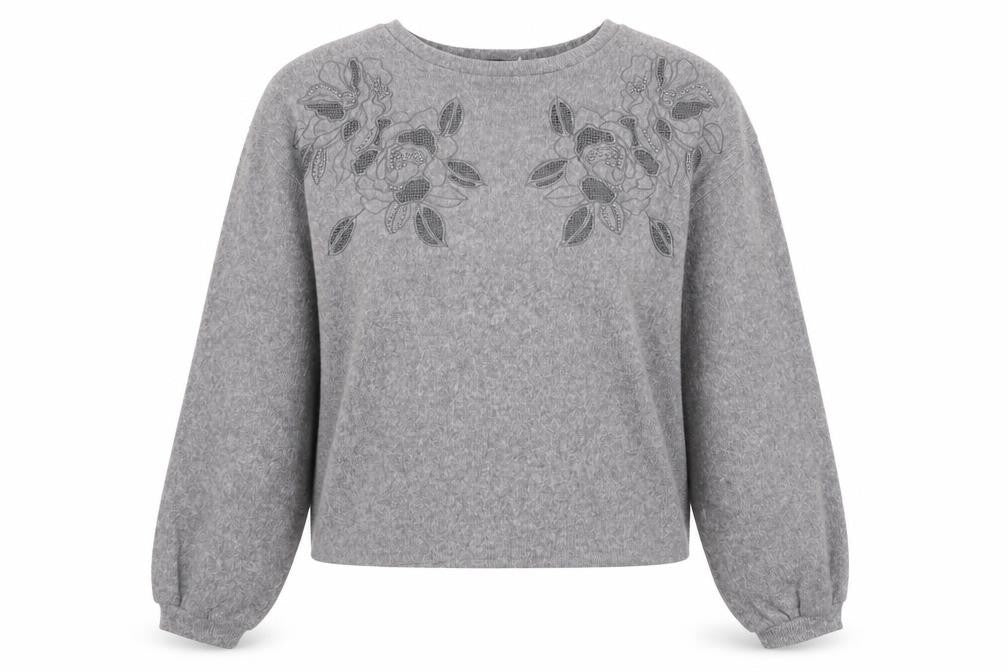 Front view of New Look women’s grey polyester pullover sweatshirt, size S, pullover - flower detail