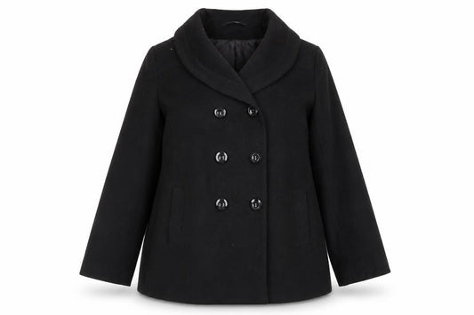 Front view of EWM women’s black jacket, size UK 14, button