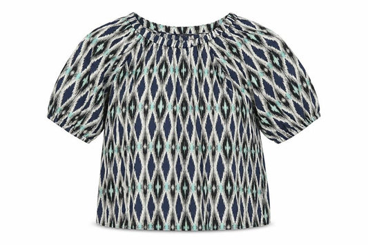 Front view of Marks & Spencer women’s multicoloured geometric polyester basic blouse, size UK 8, round neck