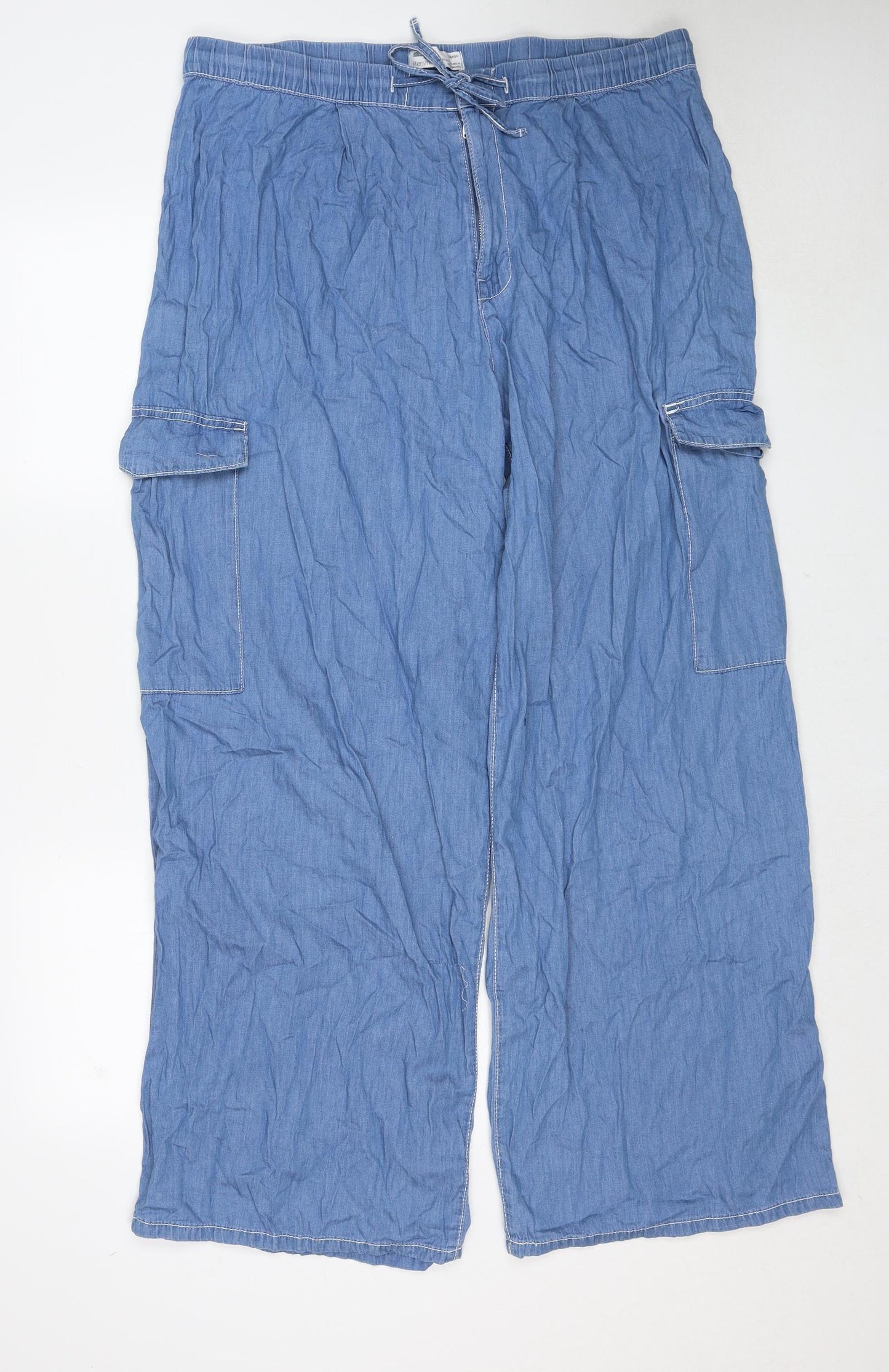 Bershka Womens Blue Cotton Wide-Leg Jeans Size 2XL Regular Zip - Cargo