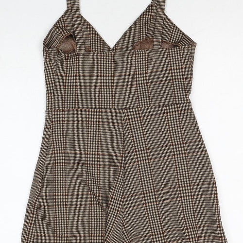 Pull&Bear Womens Brown Plaid Polyester Playsuit One-Piece Size S Zip - Wrap Front Detail