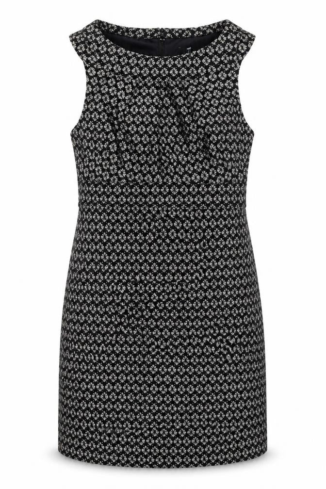 Front view of Next women’s black geometric nylon shift, size UK 10, round neck zip