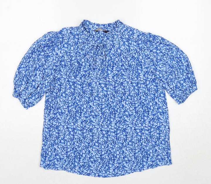 Marks and Spencer Womens Blue Geometric Viscose Basic Blouse Size 6 Round Neck