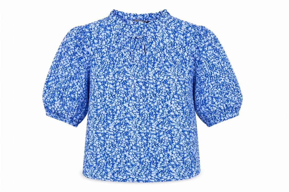 Front view of Marks & Spencer women’s blue geometric viscose basic blouse, size UK 6, round neck