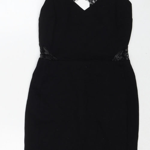 Miss Selfridge Womens Black Viscose Shift Size 8 V-Neck Zip - Lace Details