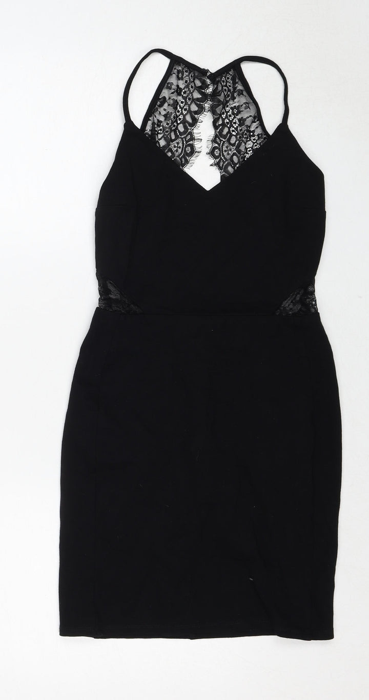 Miss Selfridge Womens Black Viscose Shift Size 8 V-Neck Zip - Lace Details