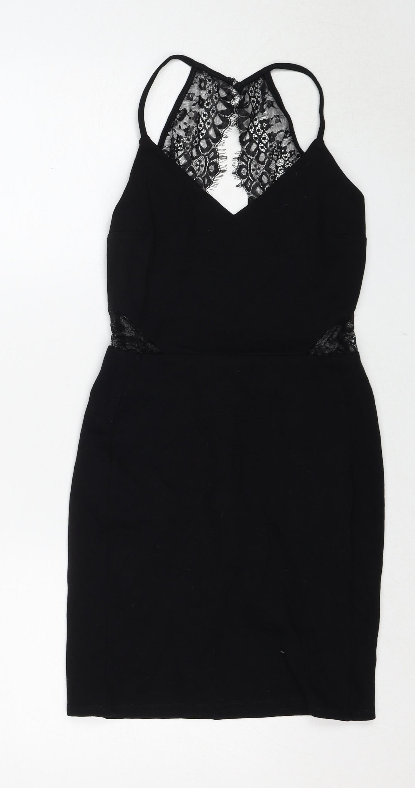 Miss Selfridge Womens Black Viscose Shift Size 8 V-Neck Zip - Lace Details