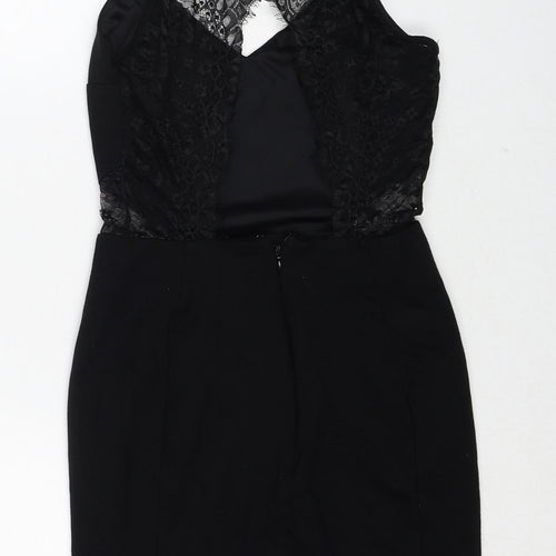Miss Selfridge Womens Black Viscose Shift Size 8 V-Neck Zip - Lace Details
