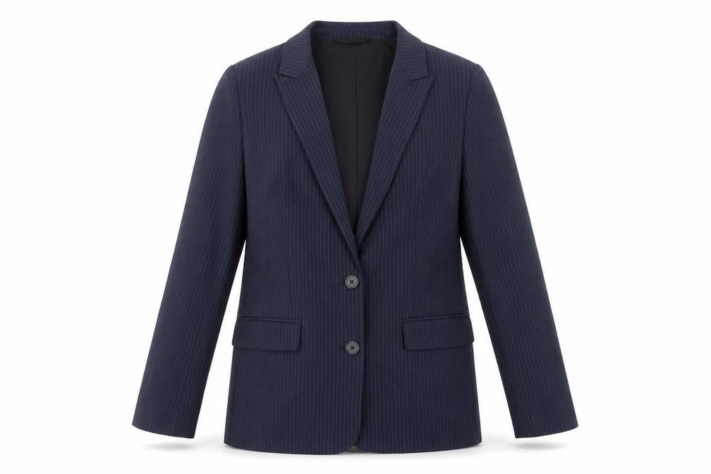 Front view of Marks & Spencer women’s blue striped polyester jacket suit jacket, size UK 12