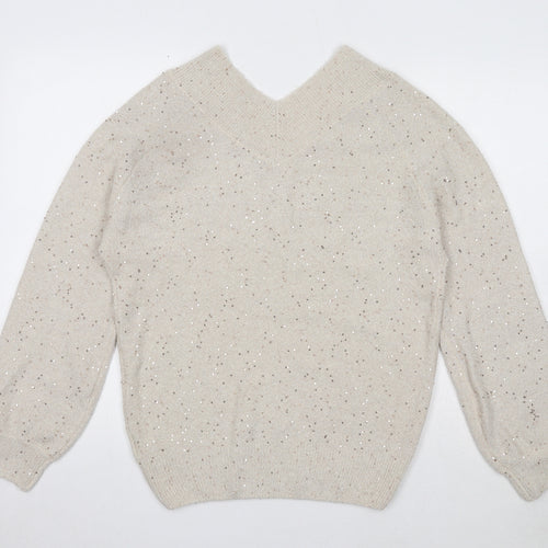 NEXT Womens Beige V-Neck Acrylic Pullover Jumper Size 10
