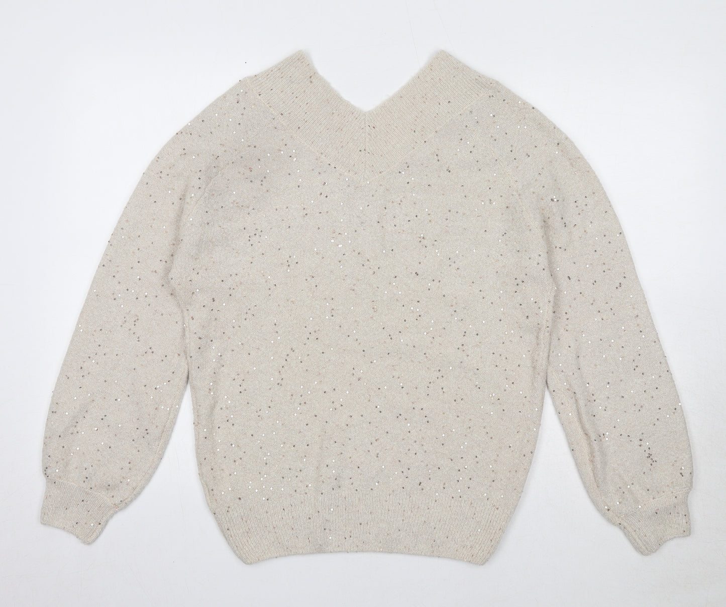NEXT Womens Beige V-Neck Acrylic Pullover Jumper Size 10
