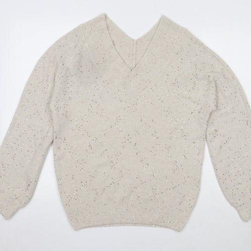 NEXT Womens Beige V-Neck Acrylic Pullover Jumper Size 10