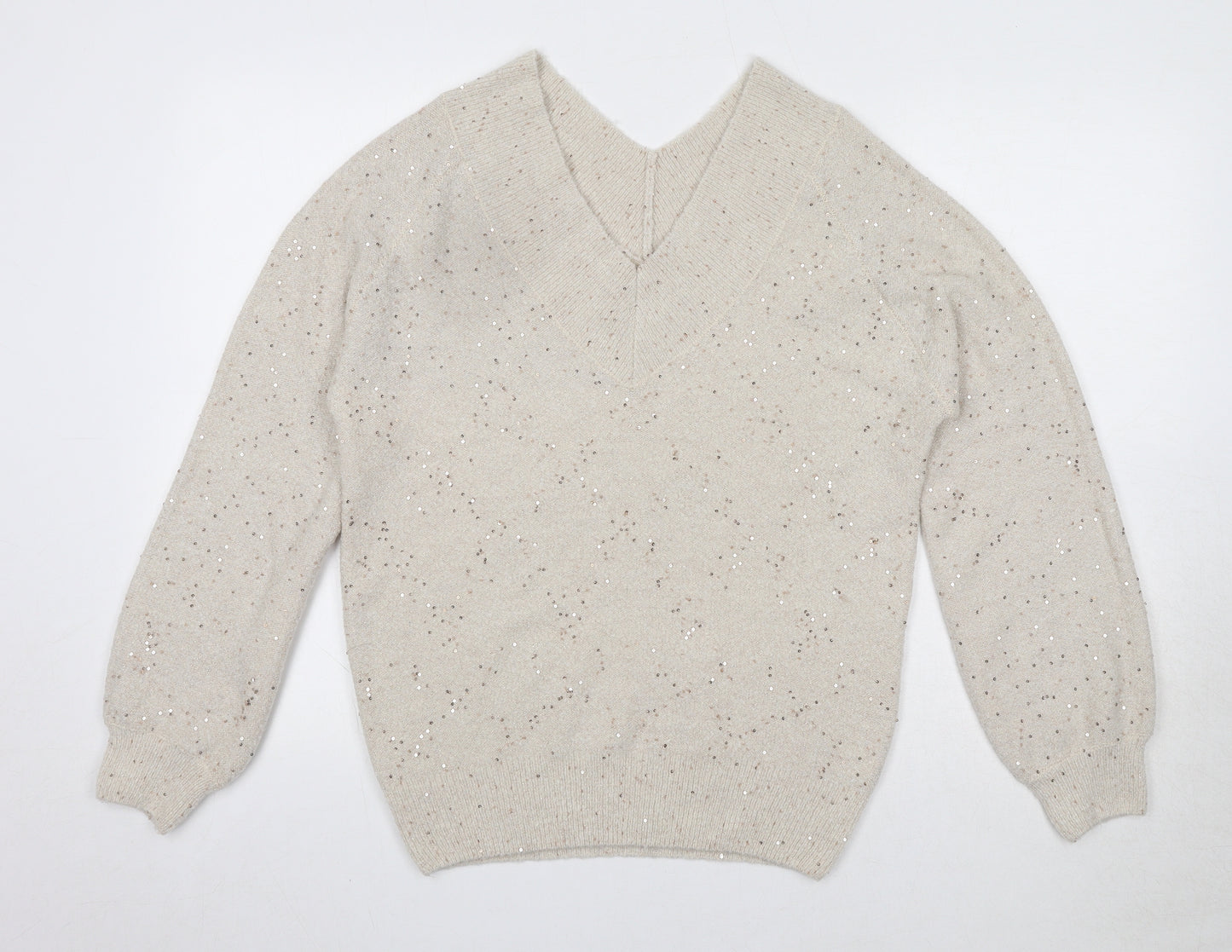 NEXT Womens Beige V-Neck Acrylic Pullover Jumper Size 10