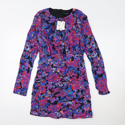 Zara Womens Multicoloured Floral Viscose A-Line Size XS Round Neck Zip