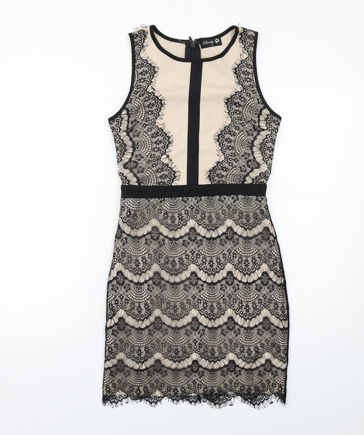 Danity Womens Black Polyester Pencil Dress Size S Boat Neck Zip - Lace Overlay