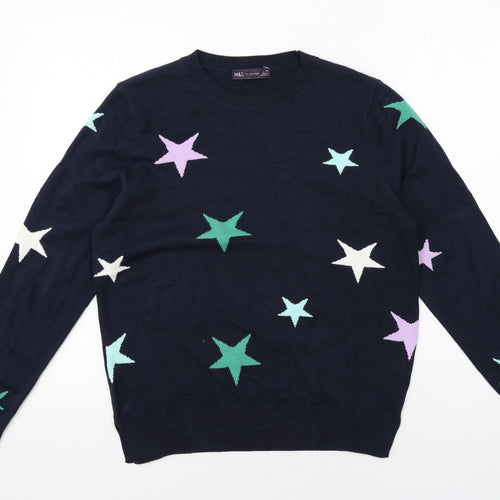 Marks and Spencer Womens Blue Crew Neck Geometric Acrylic Pullover Jumper Size 10 - Star Print