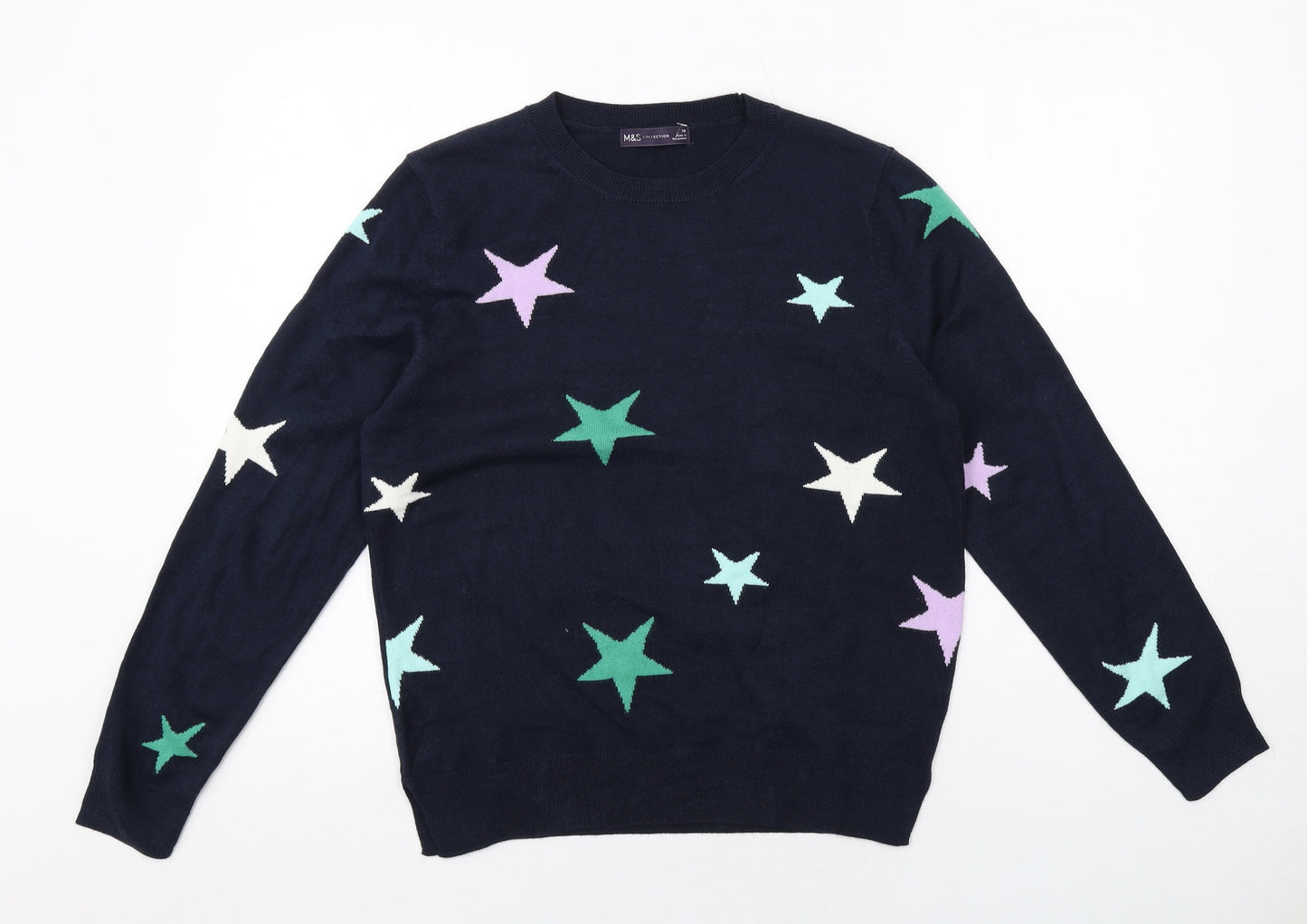 Marks and Spencer Womens Blue Crew Neck Geometric Acrylic Pullover Jumper Size 10 - Star Print